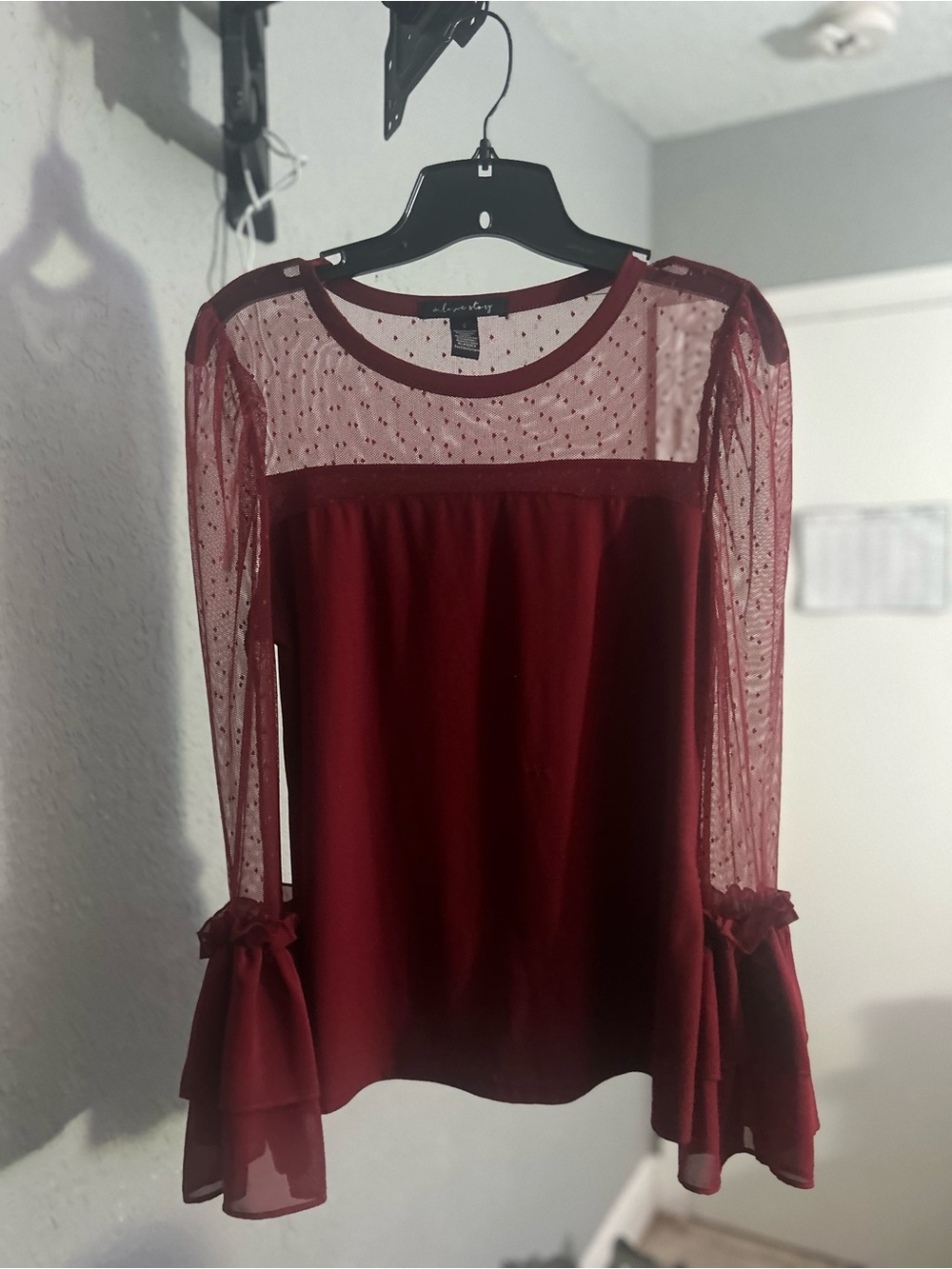 Sheer Dot Yoke Burgundy Blouse with Ruffle Tie Cuffs